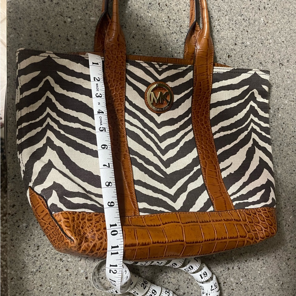 Michael Kors Zebra Print Canvas and Croc Trim Leather Tote Shoulder Handbag - Picture 15 of 16